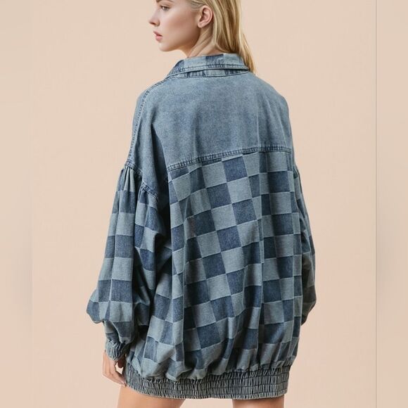 🎁25% Off Bundles🎁 Oversized Checkered Coat Denim Jacket Faded Blue - Picture 3 of 4